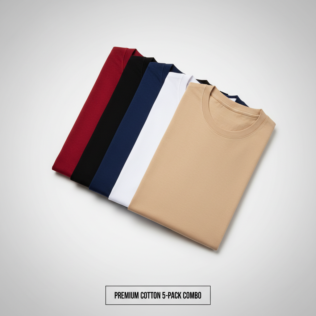 combo of 5 tshirts of red, black, white , navy , beige color